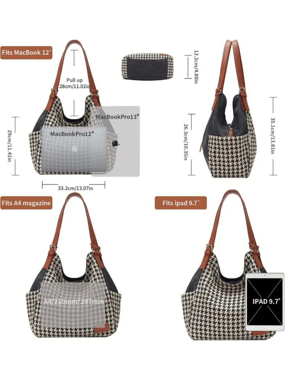 Stylish Canvas Hobo Tote Bag with Multi Pockets, Embroidery, Casual Shoulder